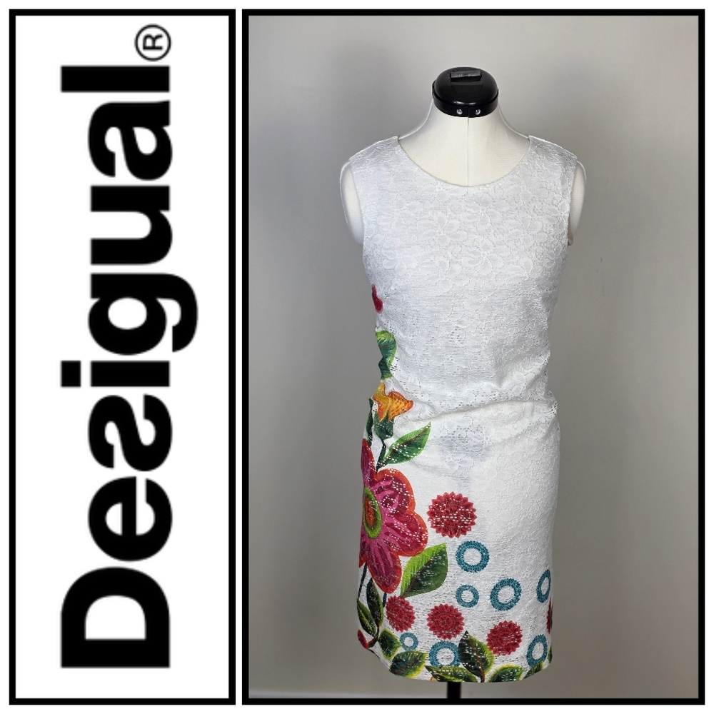 Desigual White Floral Embroidered Sheath Dress